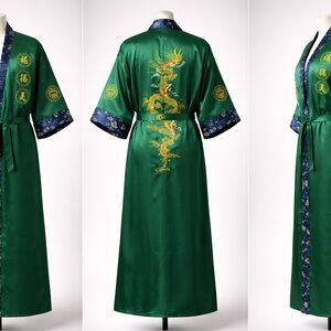 福 禄 寿 (Fú Lù Shòu) Embroidered Green Satin Dragon Robe